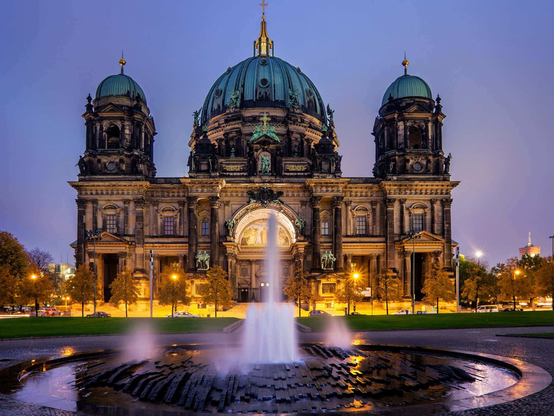 Berlin Cathedral, dusk, glowing fountain, Full HD Desktop Wallpaper