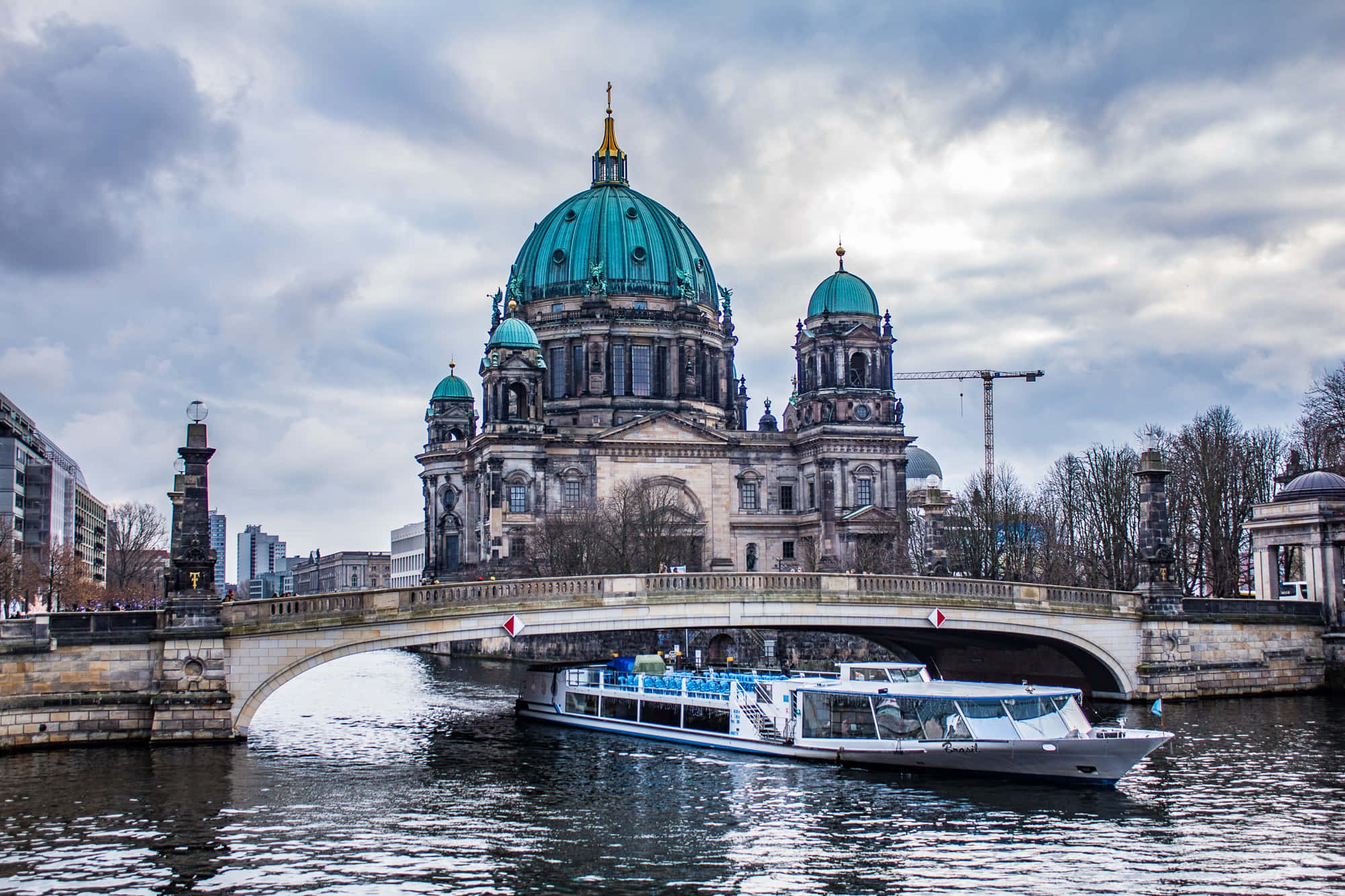 Berlin Cathedral, teal domes, stone bridge, Full HD Desktop Wallpaper