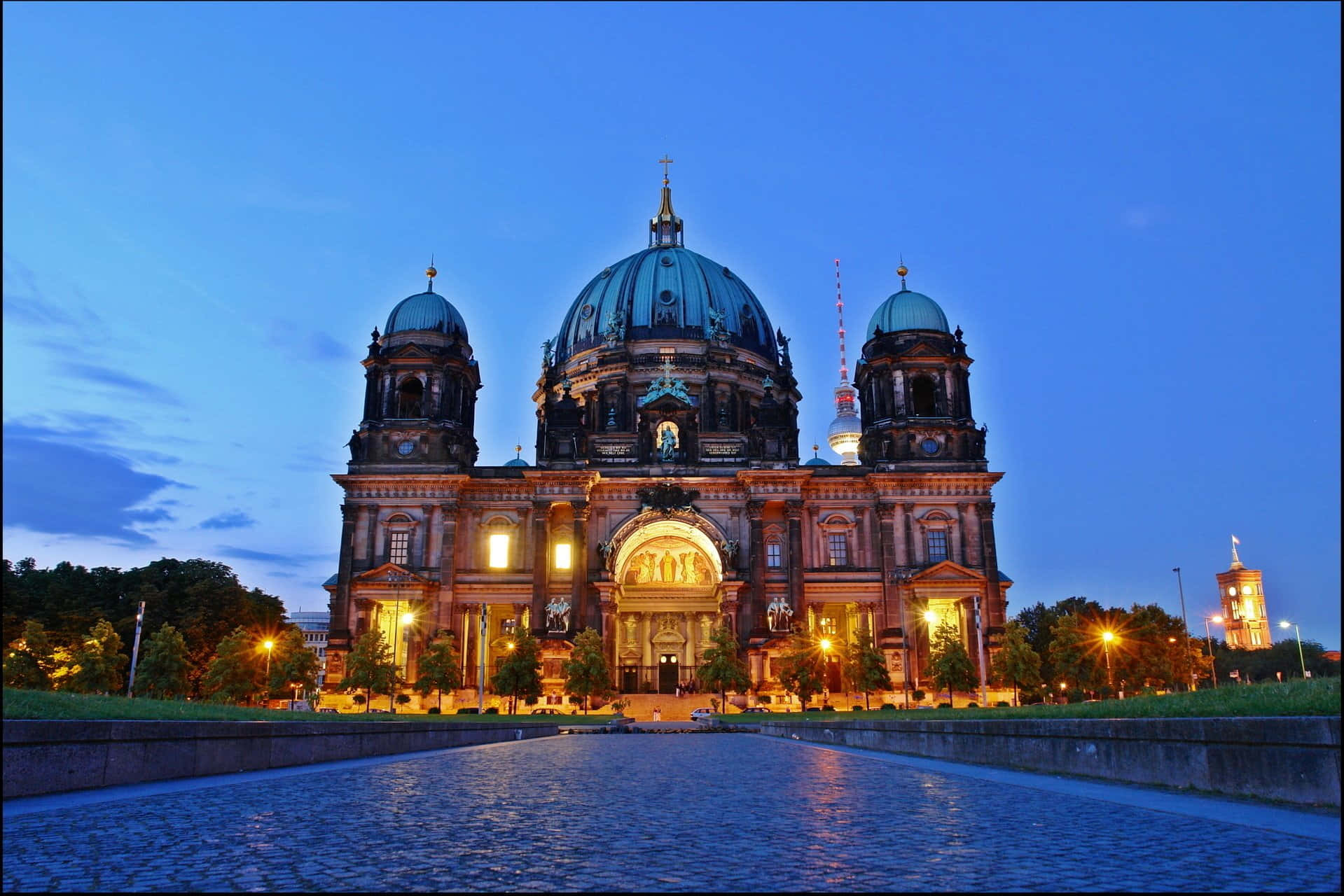 Berlin Cathedral, dusk, warm lights, HD Desktop Wallpaper