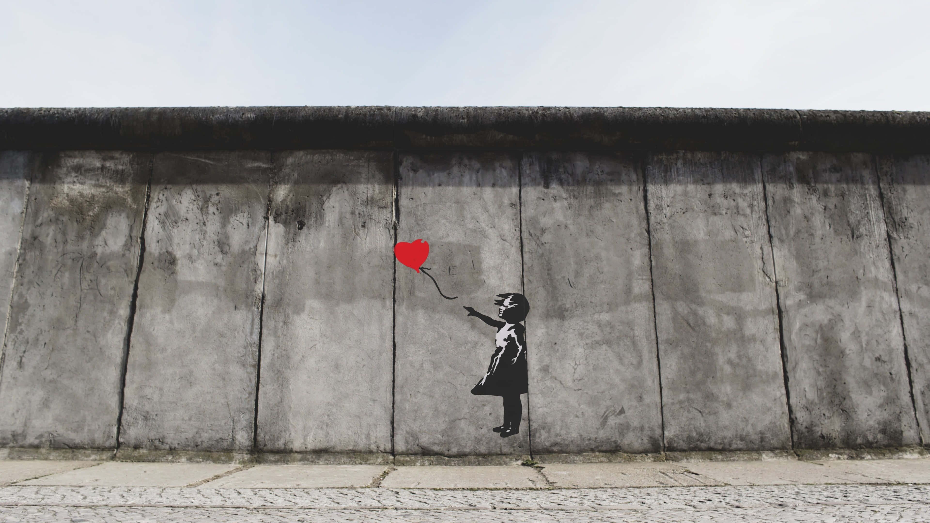 girl with balloon, red heart balloon, weathered concrete wall, 4K Desktop Wallpaper