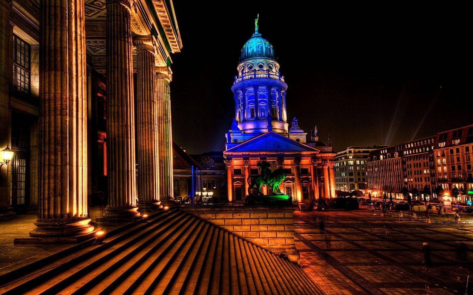 Berlin, neoclassical building, blue and gold, HD Desktop Wallpaper