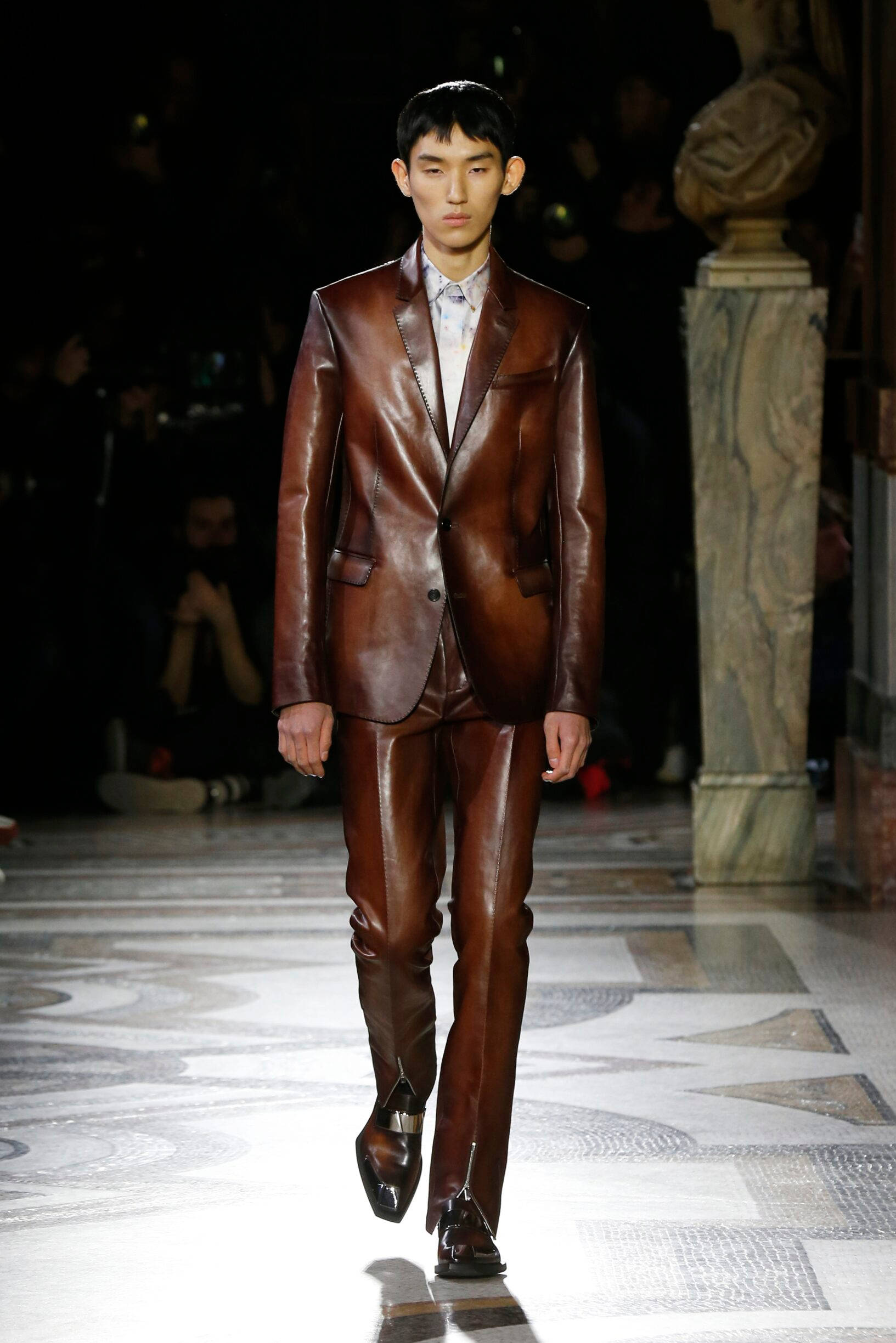 Berluti, brown suit pants, glossy brown leather suit, Full HD Phone Wallpaper