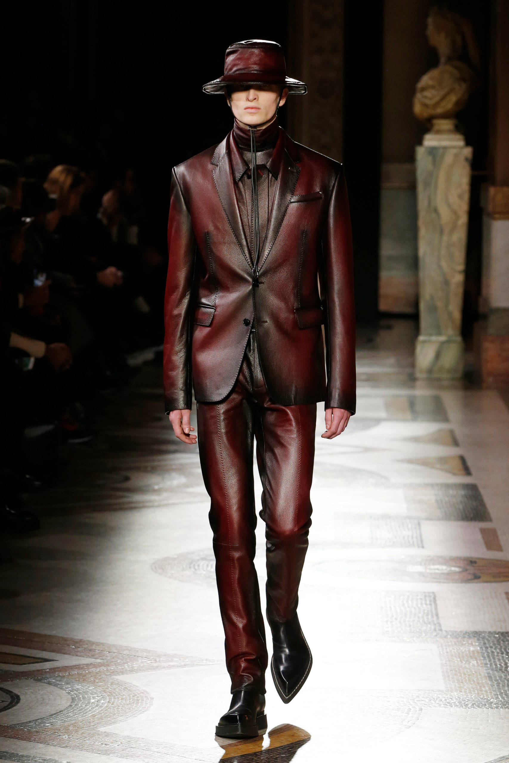 Berluti, burgundy leather suit, matching hat, 2K Phone Wallpaper