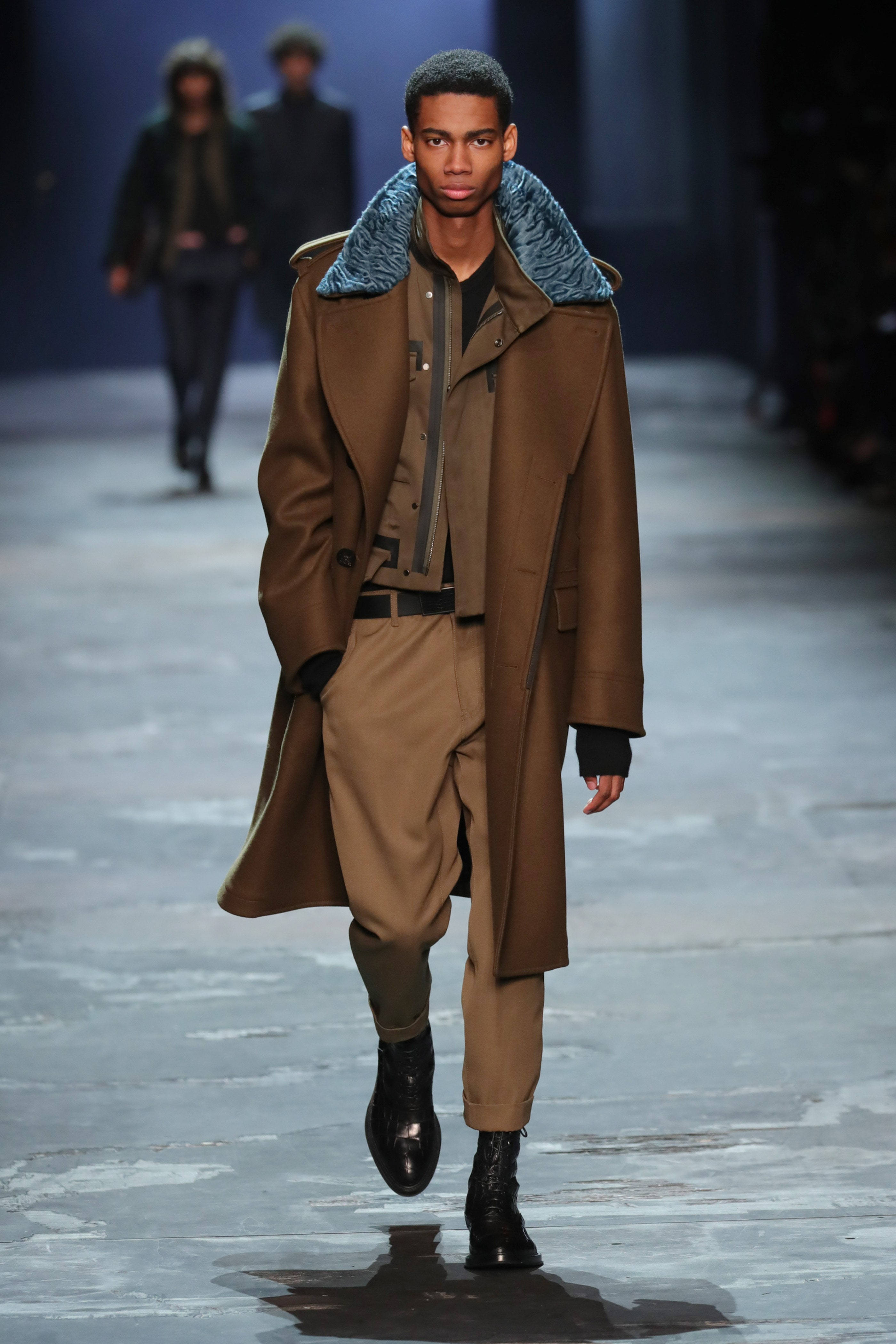 Berluti, brown coat, blue fur collar, 4K Phone Wallpaper