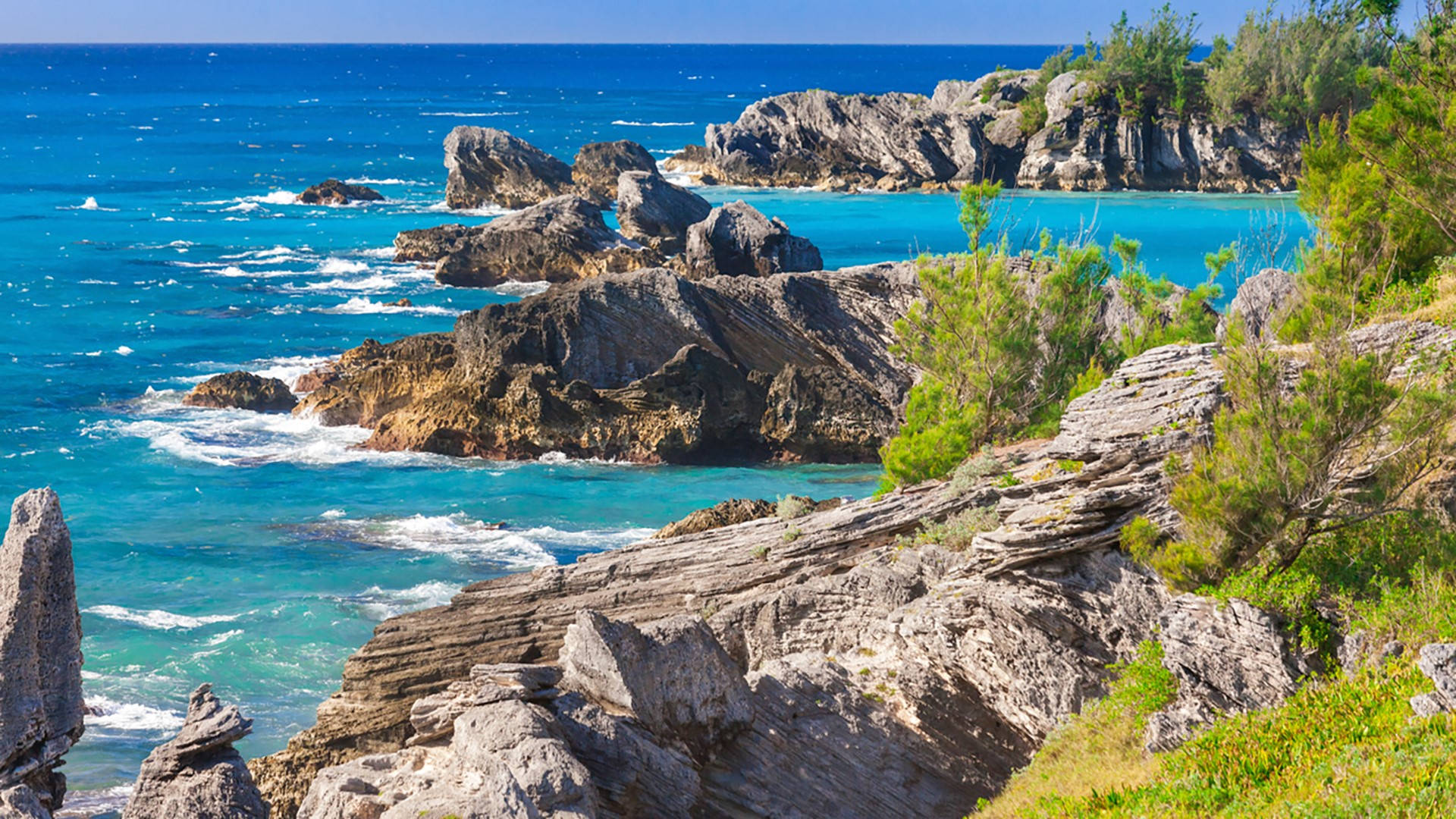 Bermuda, rocky shore, turquoise waters, Full HD Desktop Wallpaper