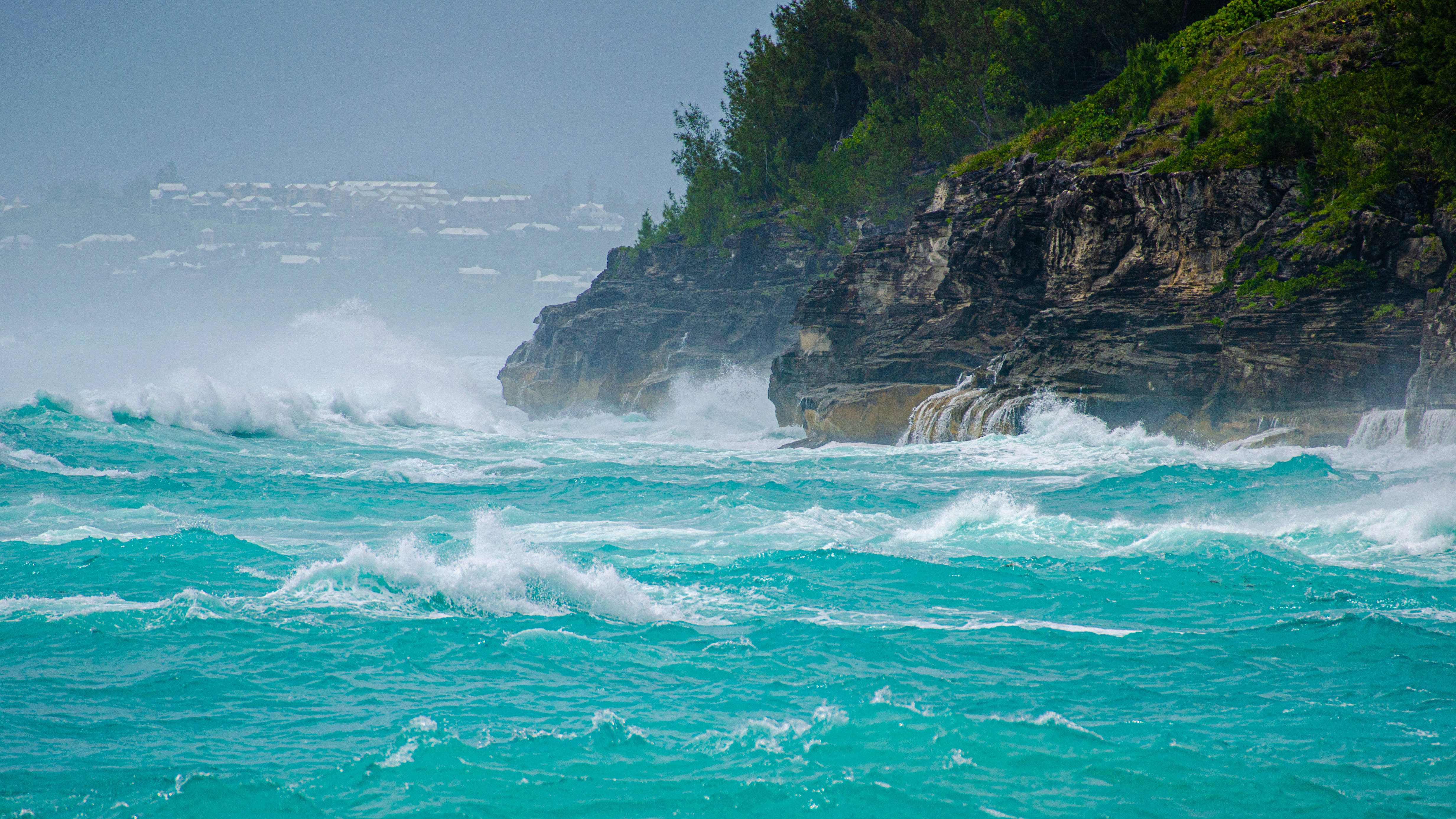 Bermuda Waves, turquoise waves, rugged cliffs, 4K Desktop Wallpaper