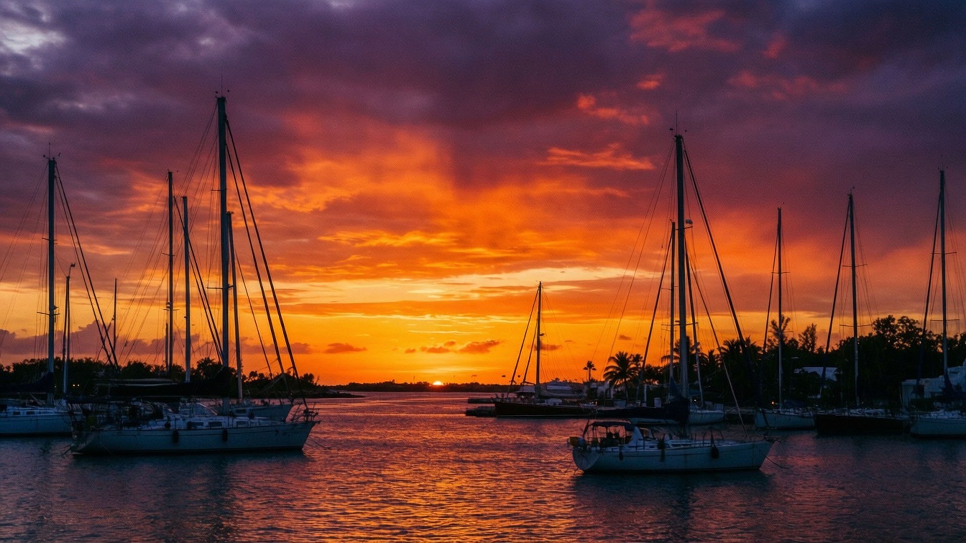 Harbor Sunset, sailboats, calm water, Full HD Desktop Wallpaper