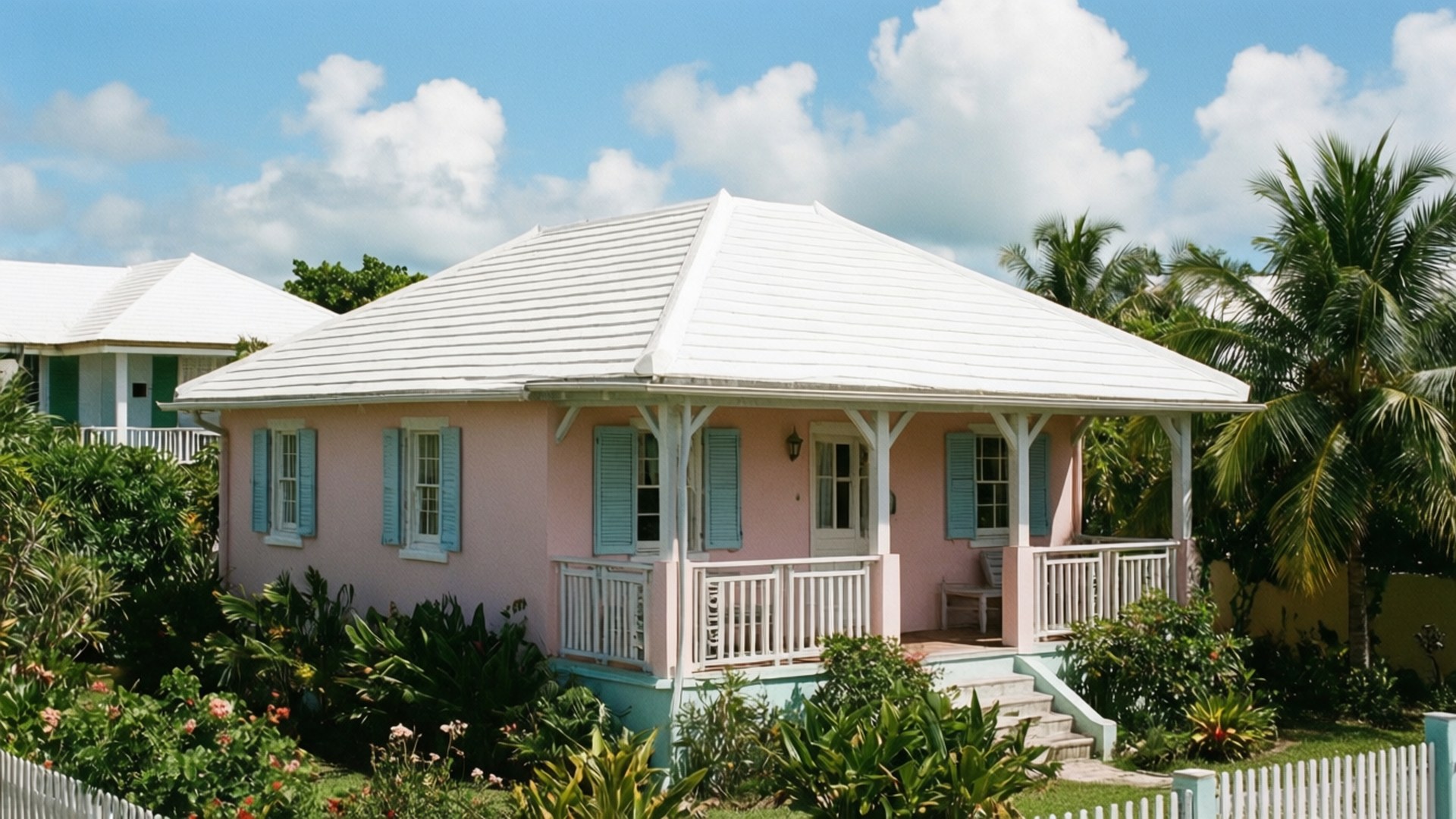 pastel pink house, white roof, blue shutters, Full HD Desktop Wallpaper