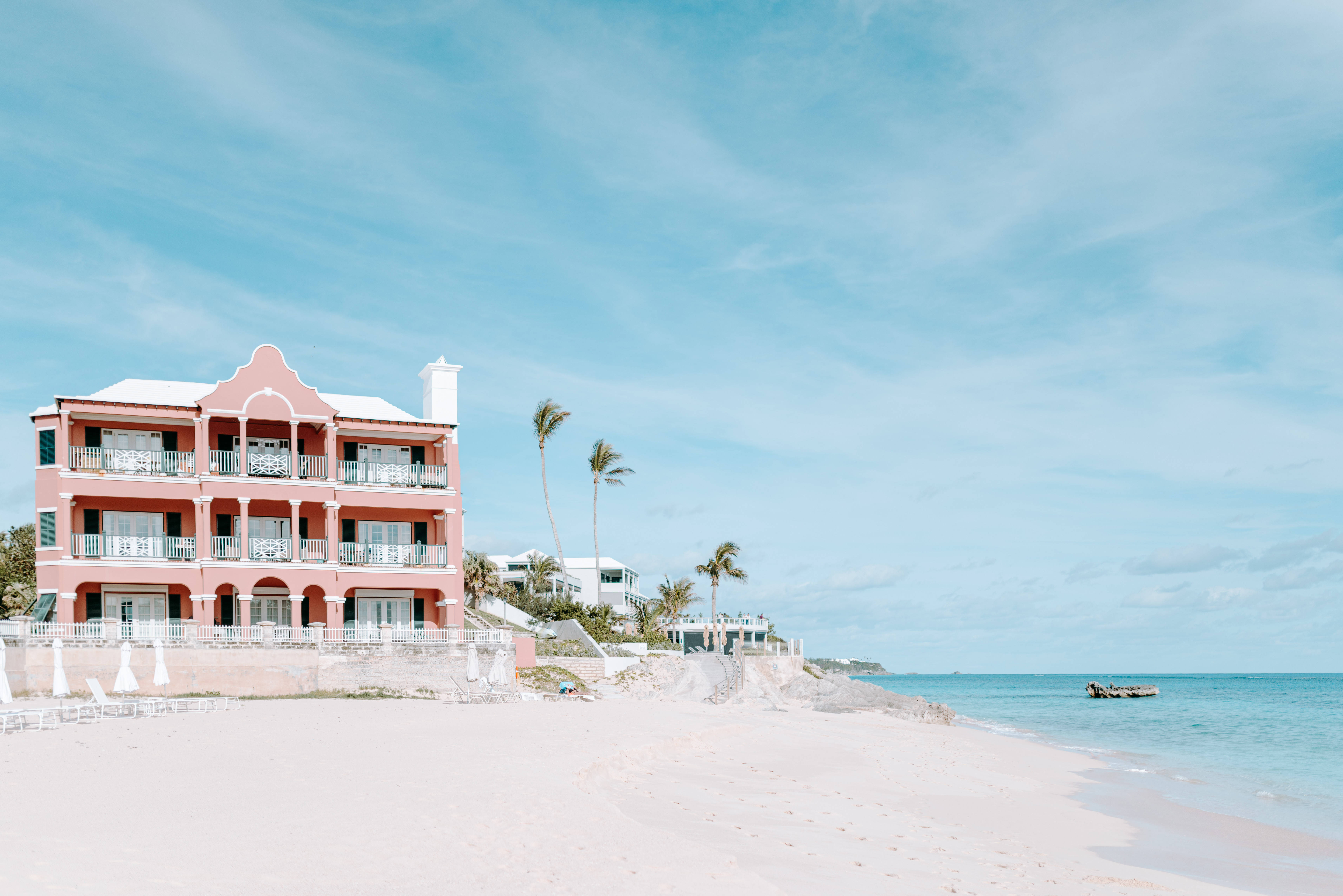 Bermuda, beach house, pastel pink, 5K Desktop Wallpaper