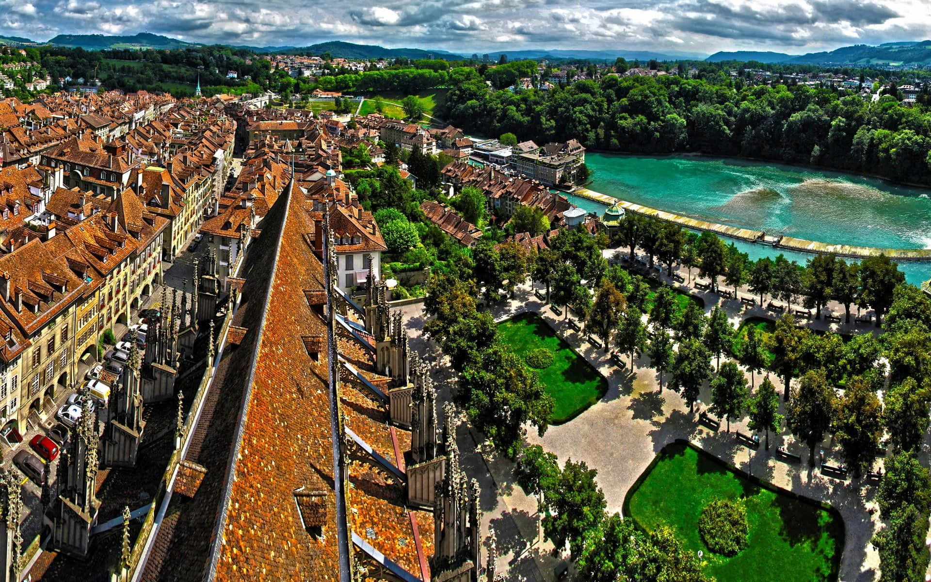 Bern, terracotta rooftops, turquoise river, Full HD Desktop Wallpaper
