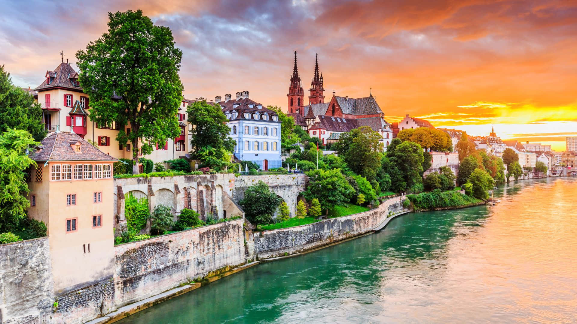 Bern, sunset, riverfront, Full HD Desktop Wallpaper