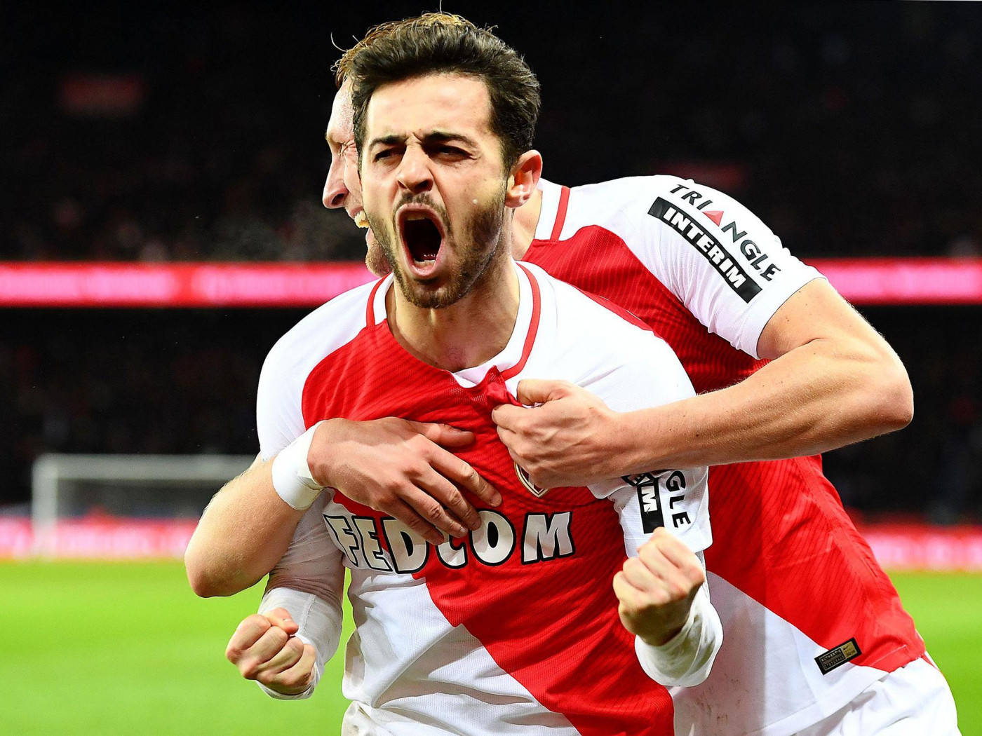 Bernardo Silva, red and white jerseys, stadium field, HD Desktop Wallpaper