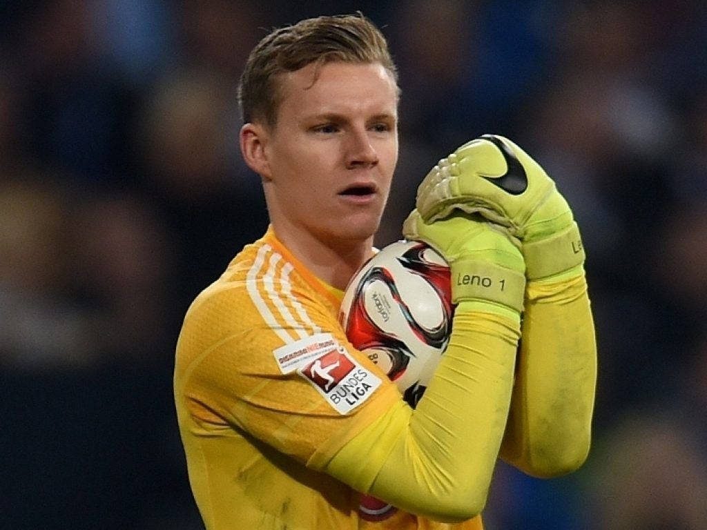 Bernd Leno, yellow jersey, gloved hands, SD Desktop Wallpaper