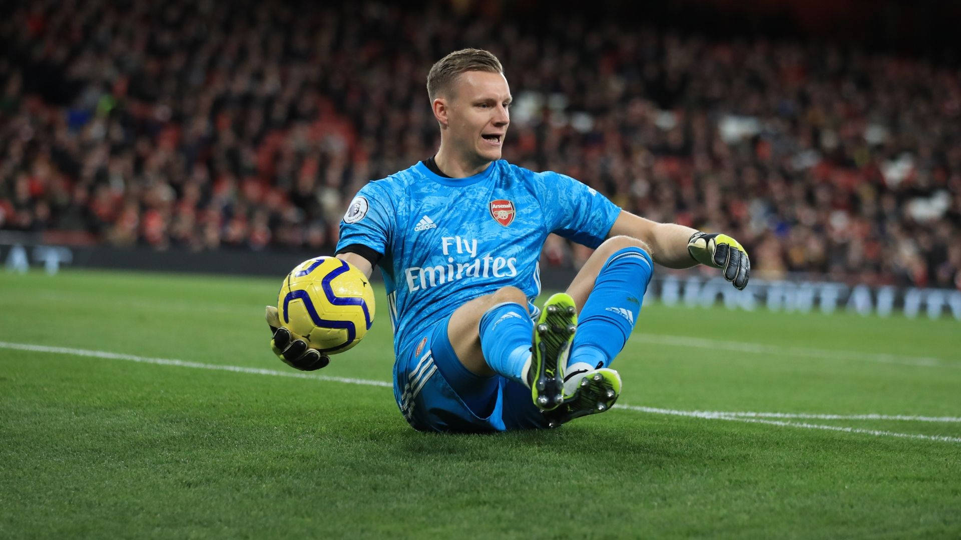 Bernd Leno, blue kit, yellow ball, Full HD Desktop Wallpaper