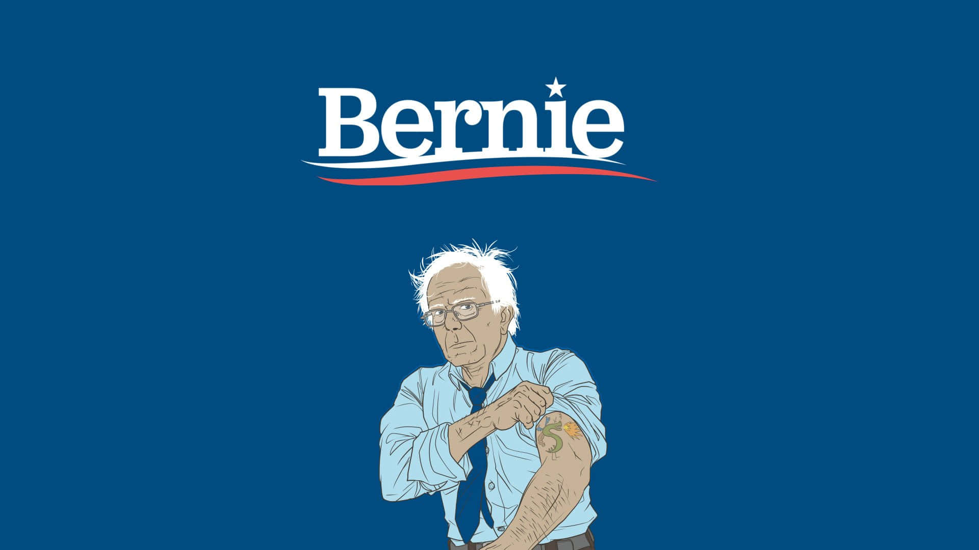 Bernie Sanders, tattoo on his arm, solid blue background, Full HD Desktop Wallpaper