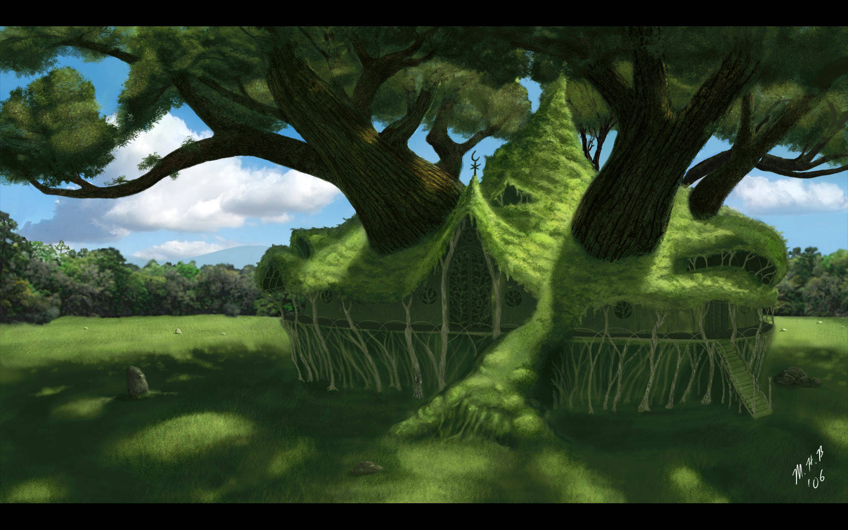 Berserk 4K, green tree house, giant moss-covered tree, HD Desktop Wallpaper