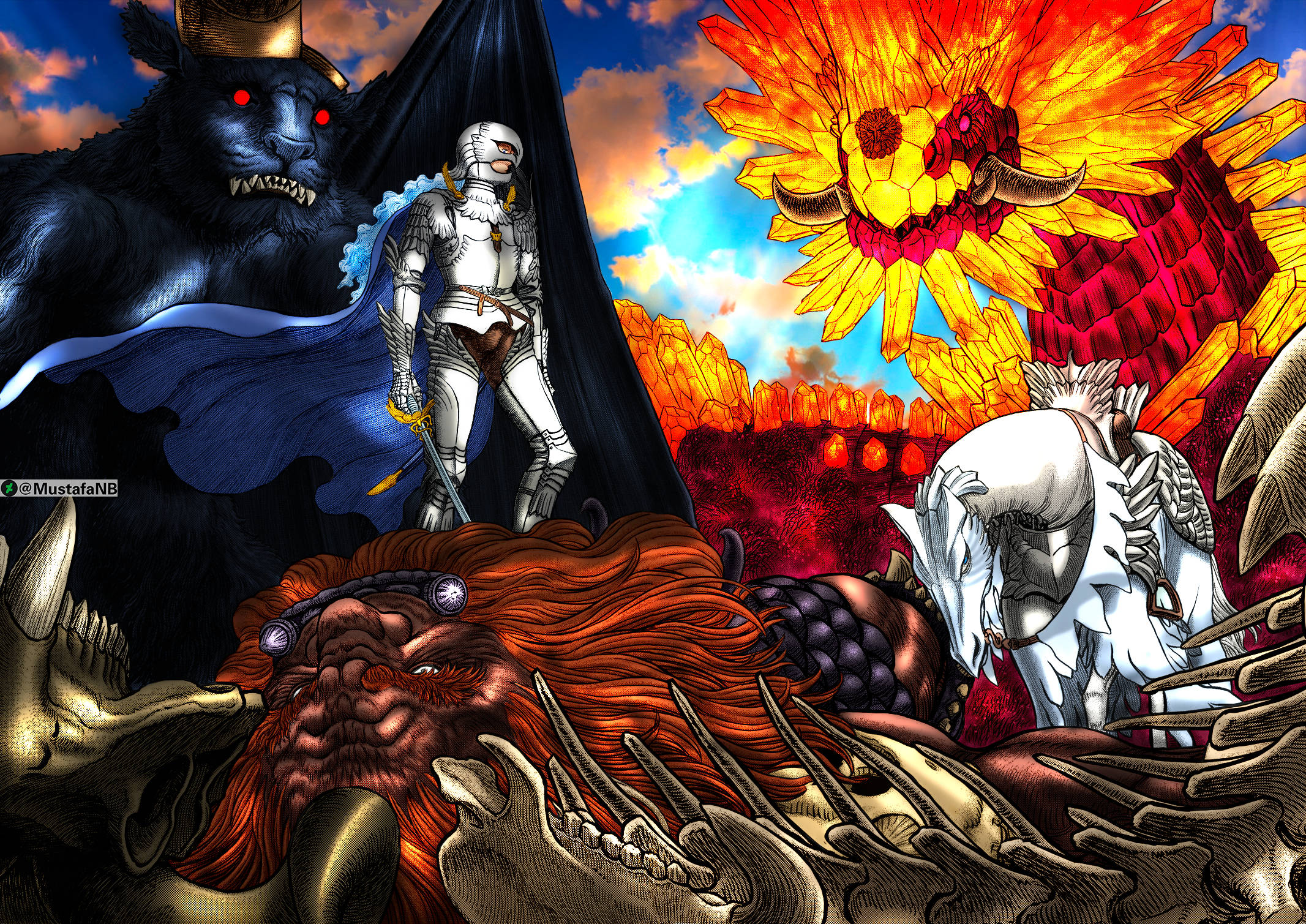 Berserk 4K, knight in silver armor, giant beast's skull, Full HD Desktop Wallpaper