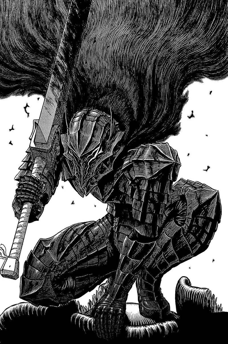 Berserk Guts, black and white illustration, heavily armored knight, SD Phone Wallpaper