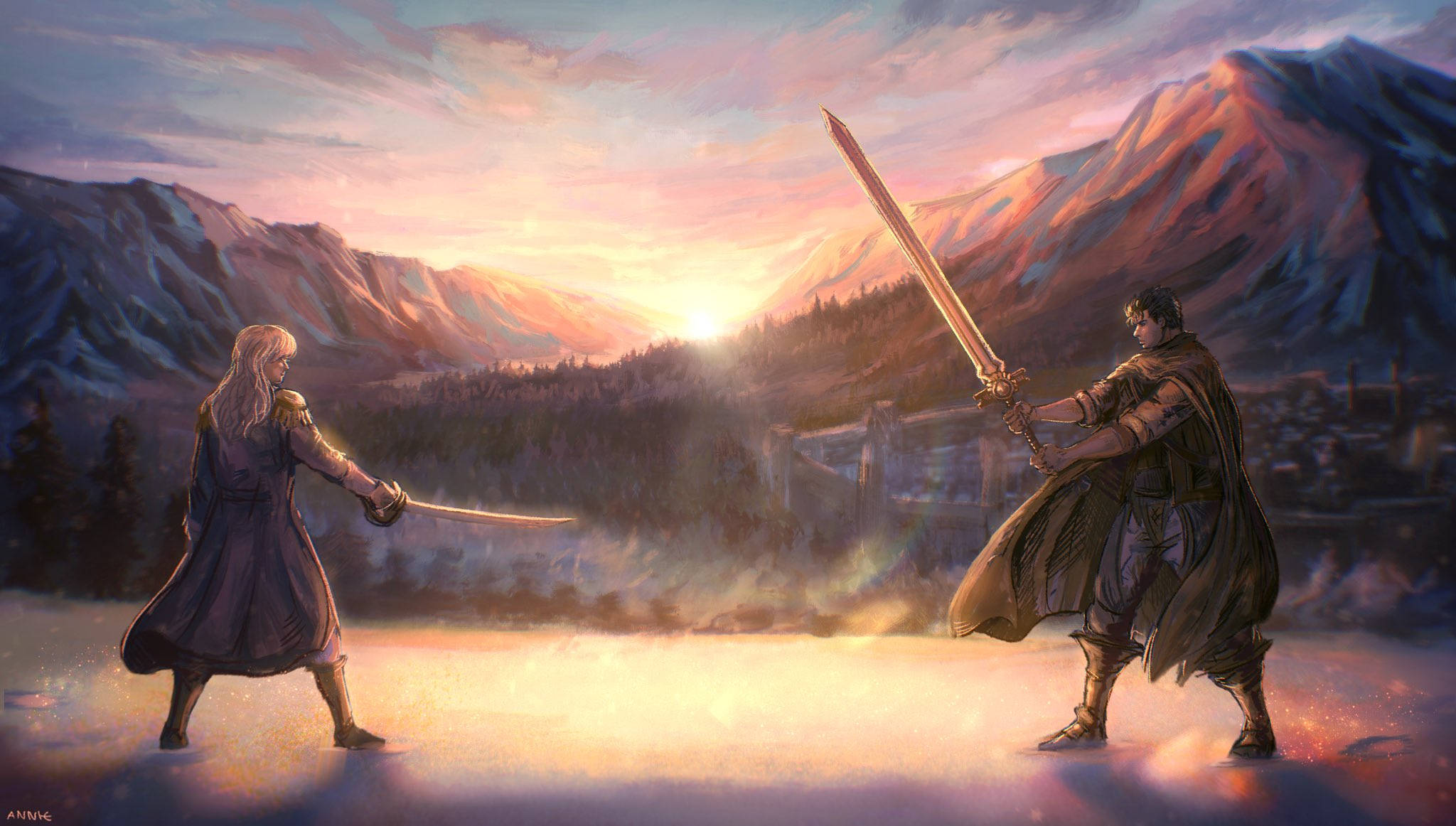 Berserk Guts, snowy mountain valley, sunset, Full HD Desktop Wallpaper