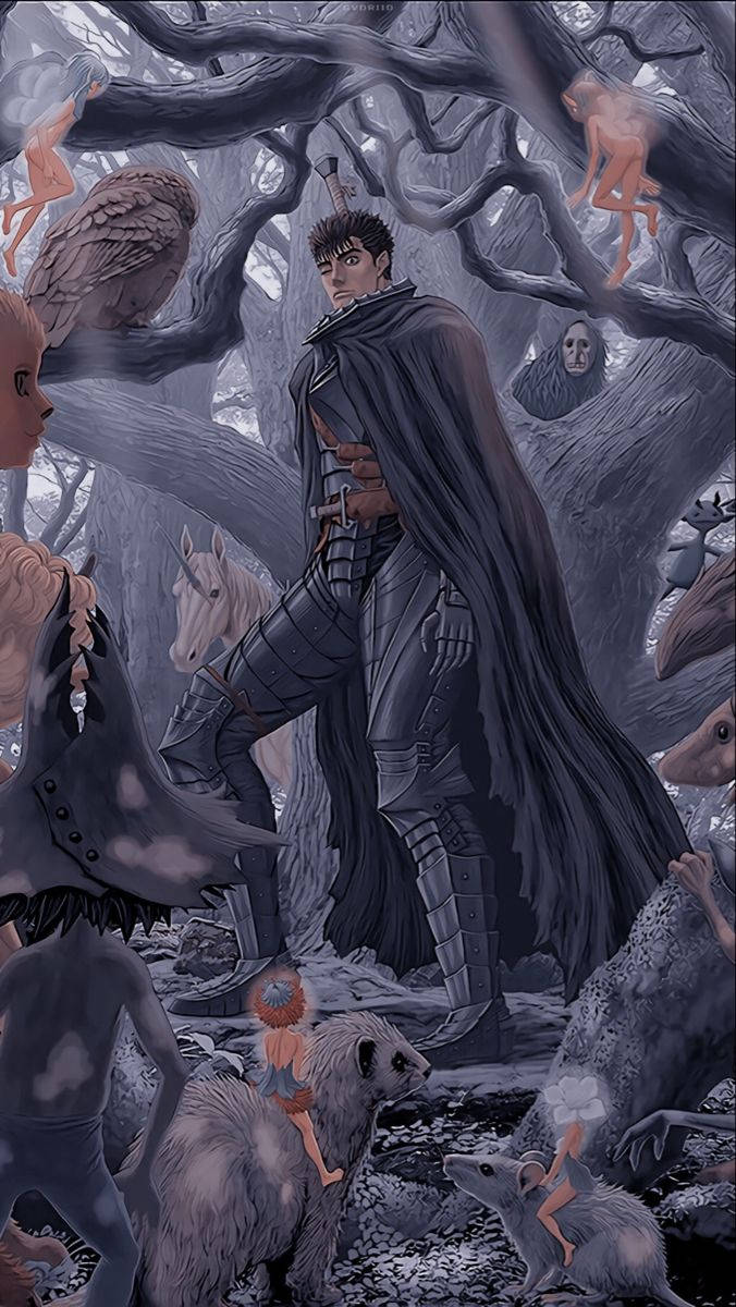 Berserk Guts, armored warrior, twisted forest, SD Phone Wallpaper
