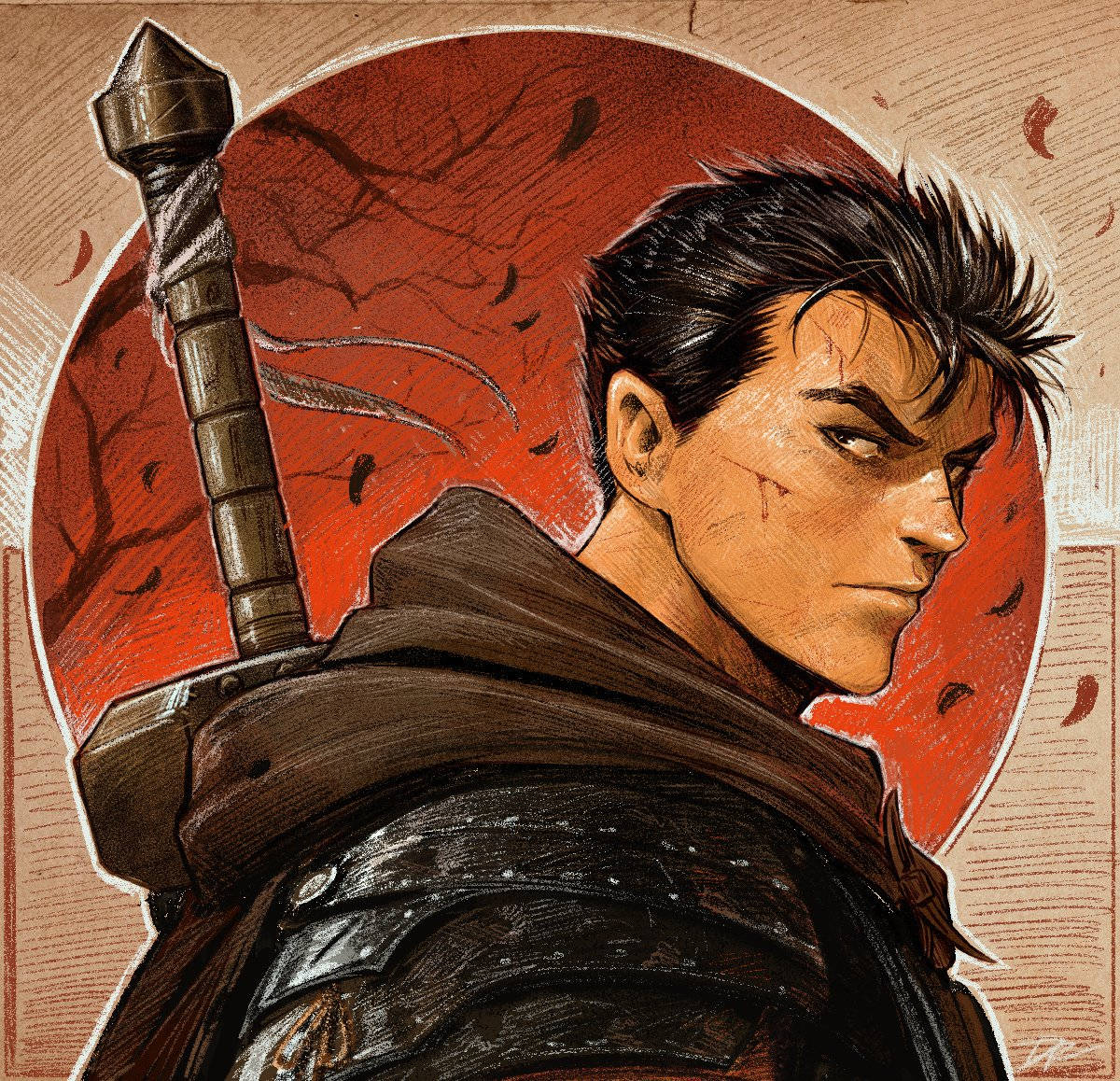 Berserk Guts, sword, fiery red circular backdrop, SD Desktop Wallpaper