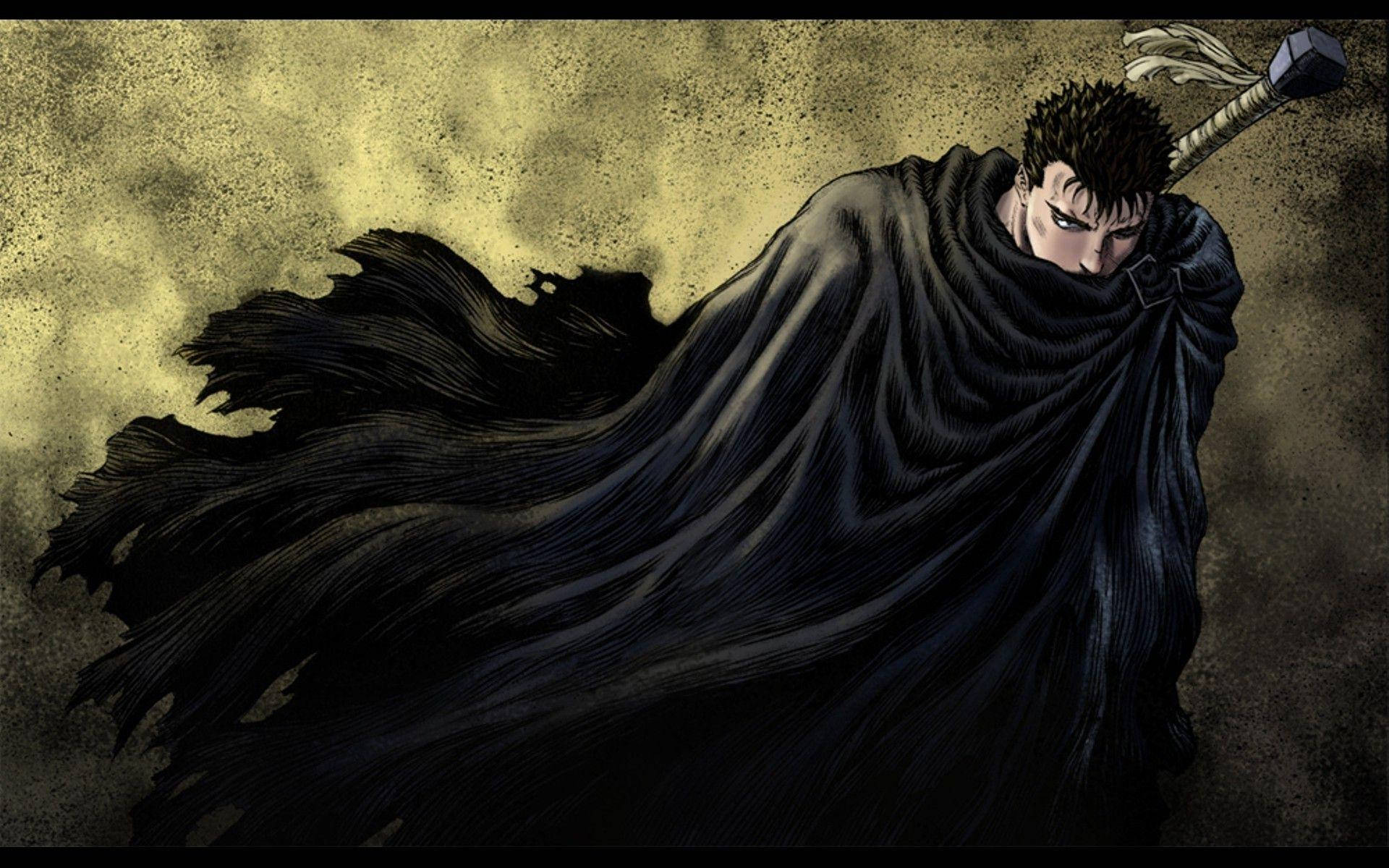 Berserk Guts, dark-clad warrior, sword slung over his shoulder, Full HD Desktop Wallpaper