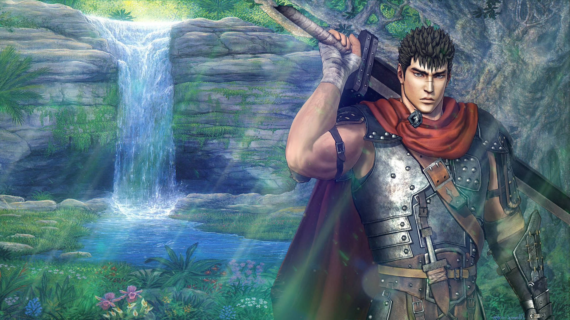 Berserk Guts, waterfall, jungle, Full HD Desktop Wallpaper