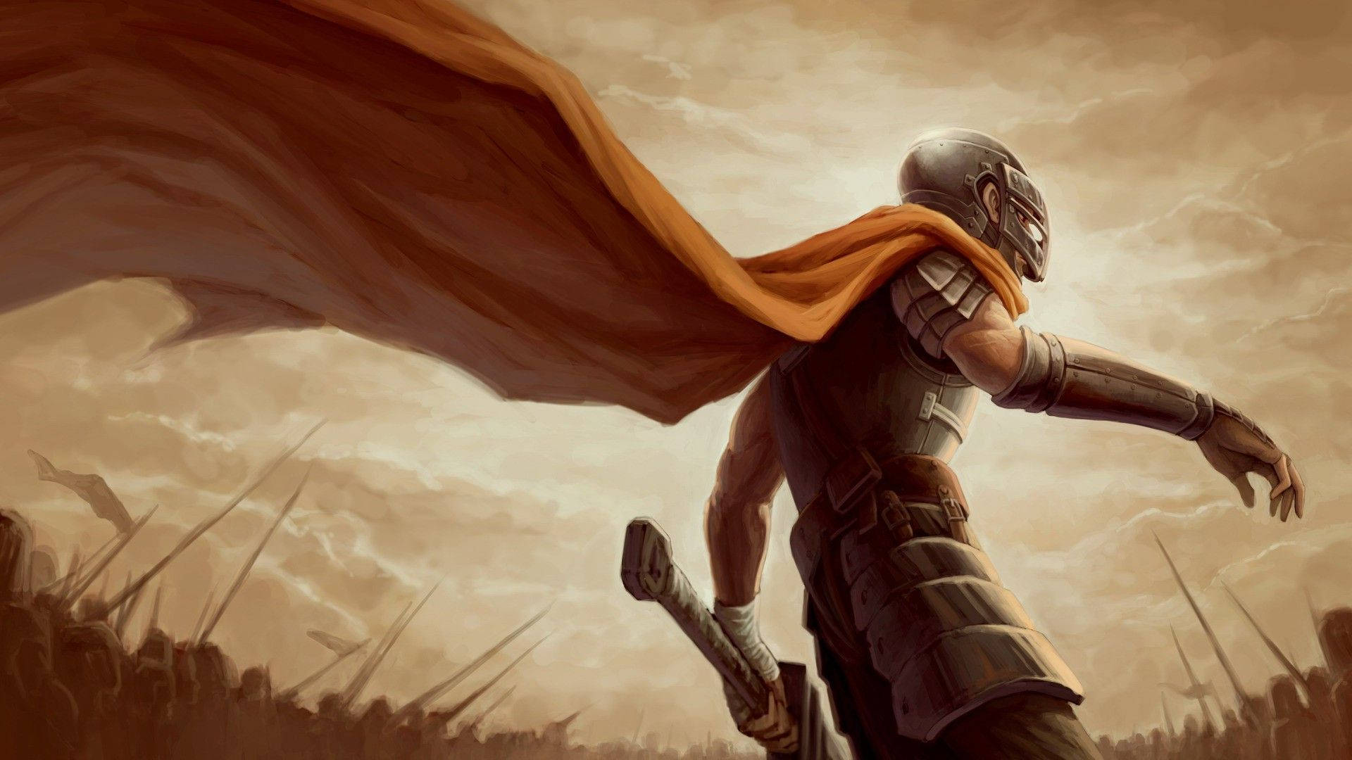 Berserk Guts, orange cape, stormy sky, Full HD Desktop Wallpaper