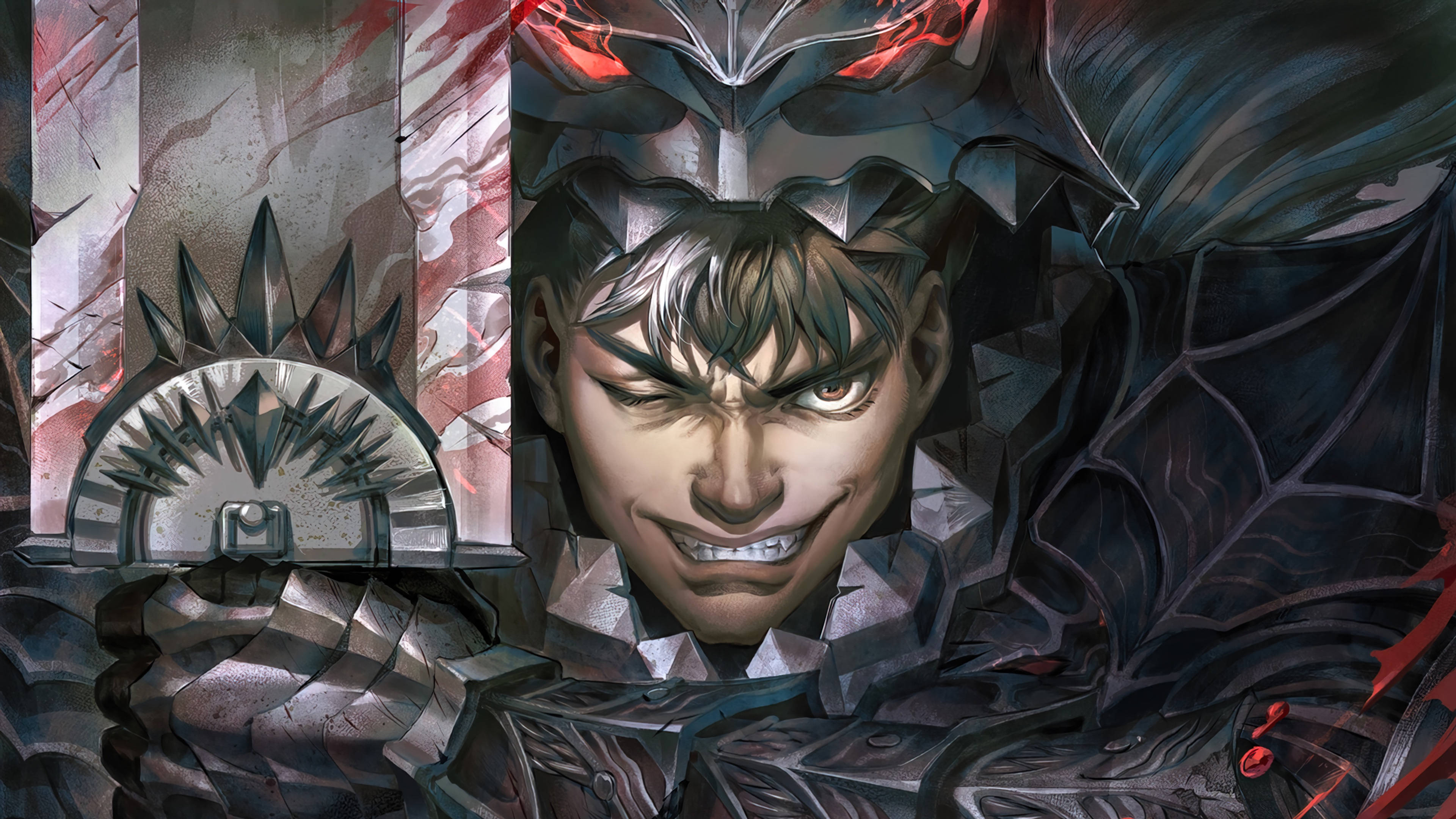 Berserk Guts, dark armor, glowing red eyes, 4K Desktop Wallpaper