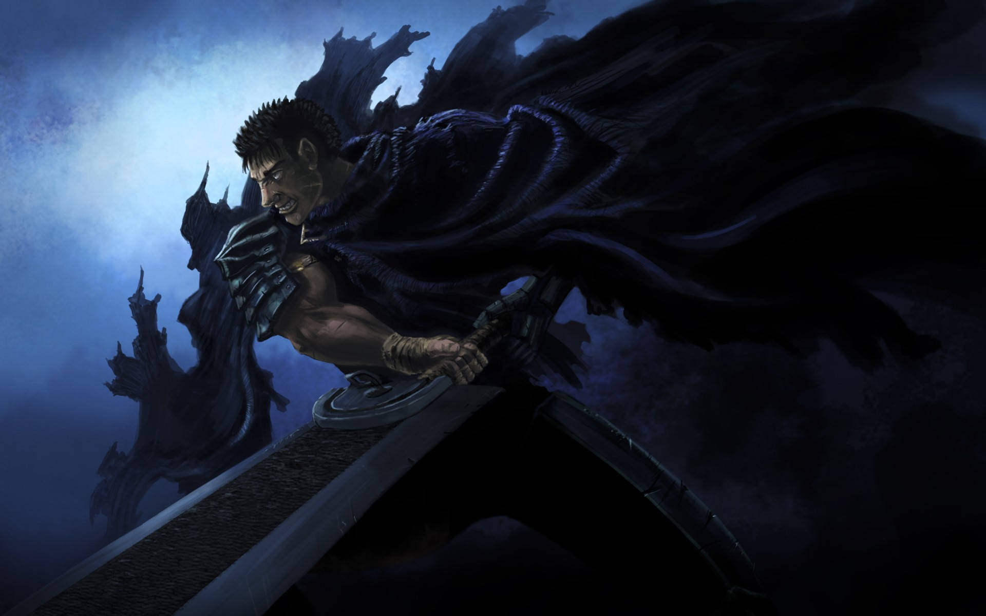 Berserk Guts, massive sword, stormy blue backdrop, Full HD Desktop Wallpaper