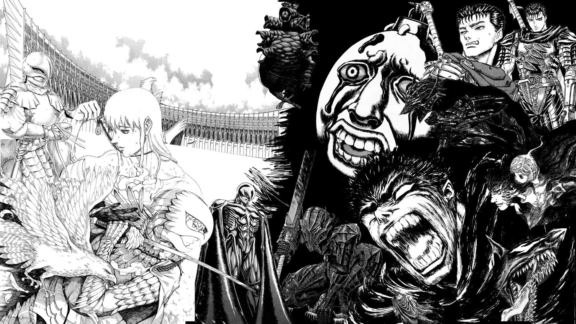 Berserk Manga, greyscale artwork, armored warriors, Full HD Desktop Wallpaper