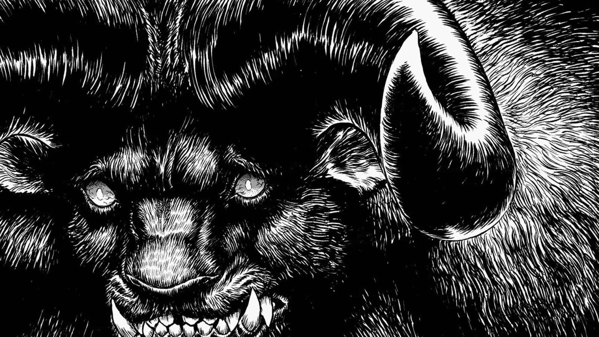 Berserk Manga, black and white drawing, ram with horns, Full HD Desktop Wallpaper