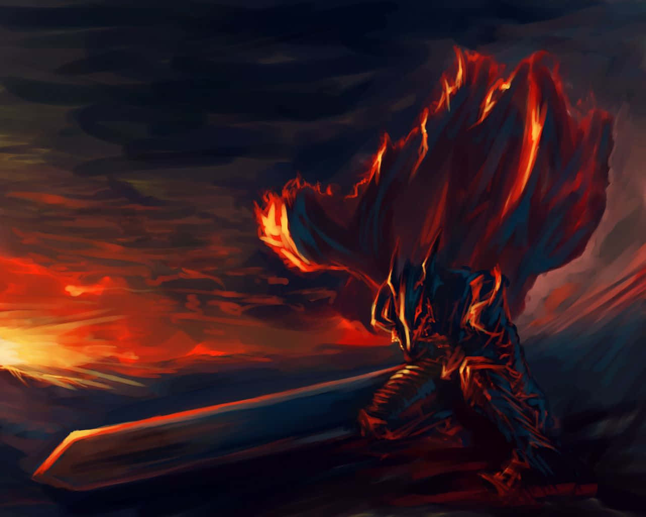 Berserk Armor, dark knight, flaming cape, HD Desktop Wallpaper