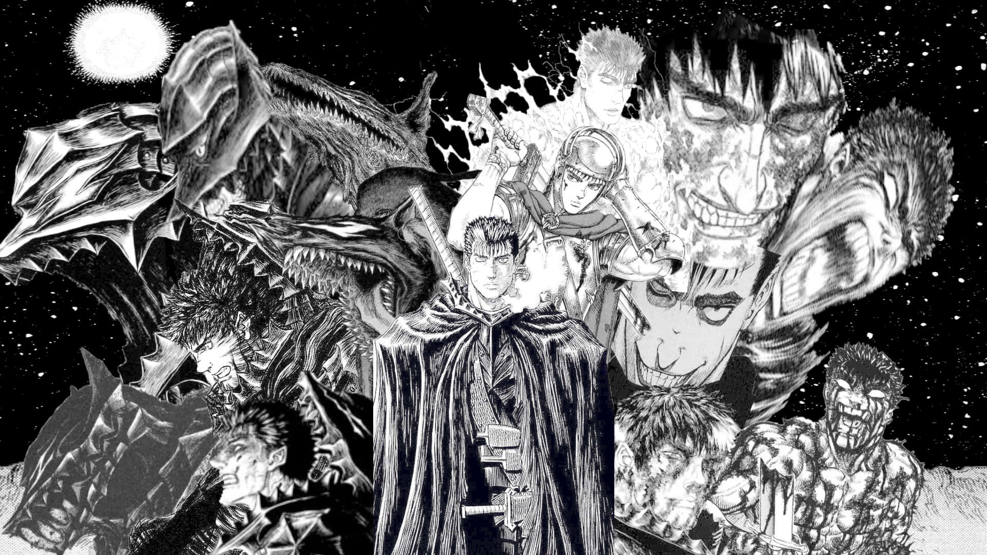 Berserk Manga, black and white manga panel, central warrior, Full HD Desktop Wallpaper