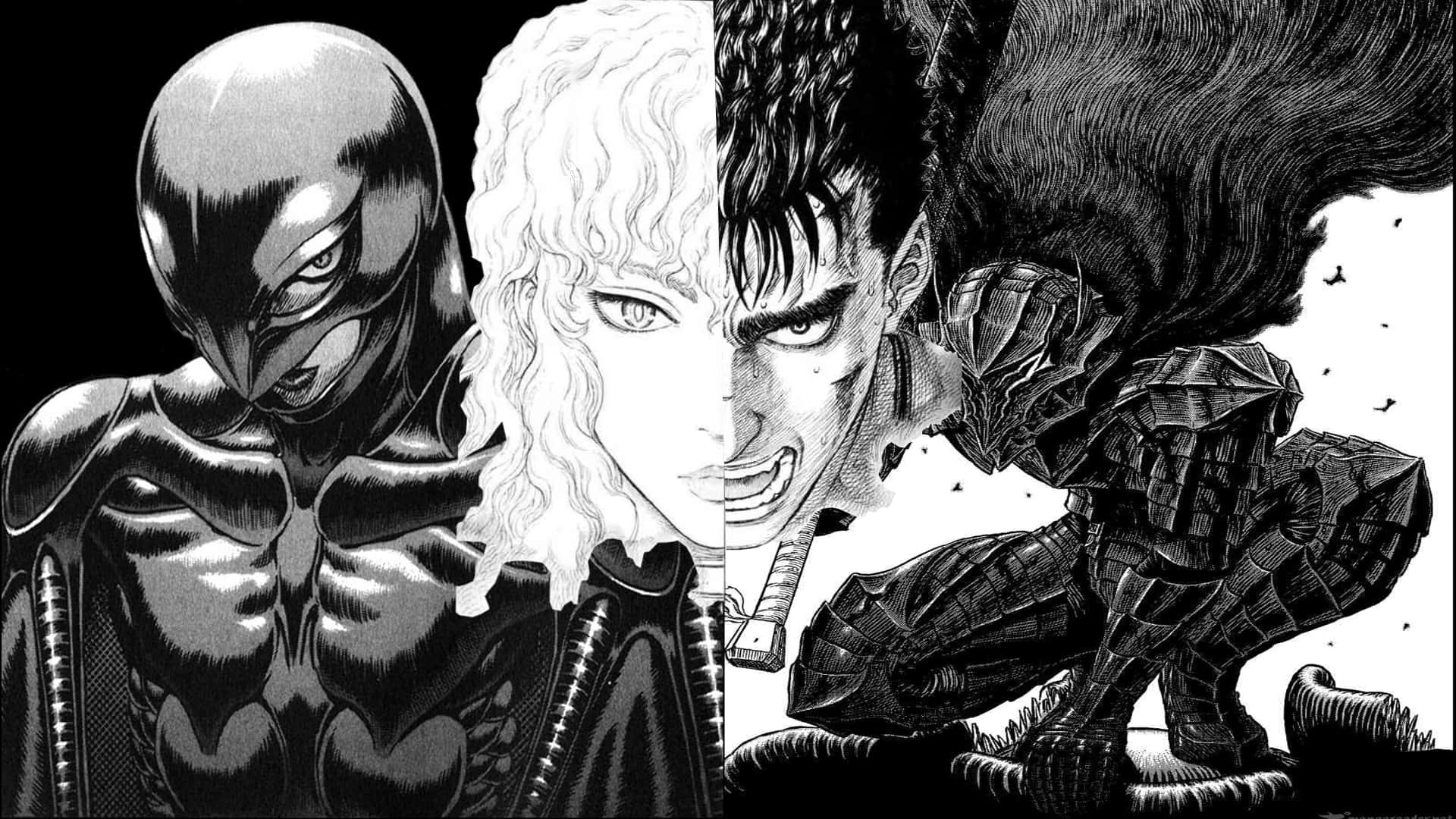 Berserk manga, black and white manga style, dramatic expressions, Full HD Desktop Wallpaper