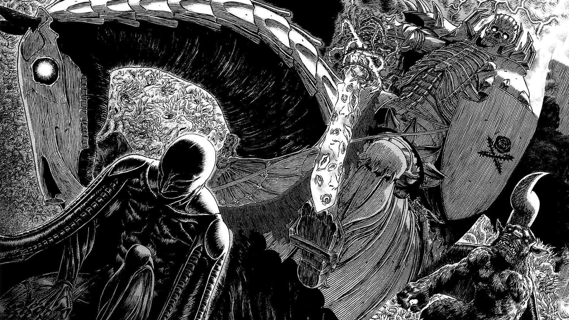 Berserk Manga, black and white, anime battle scene, Full HD Desktop Wallpaper