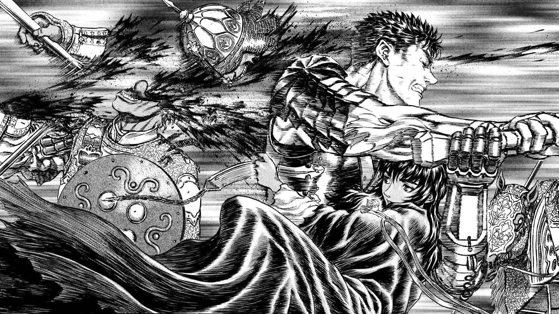 Berserk Manga, black and white manga panel, muscular warrior in armor, Full HD Desktop Wallpaper