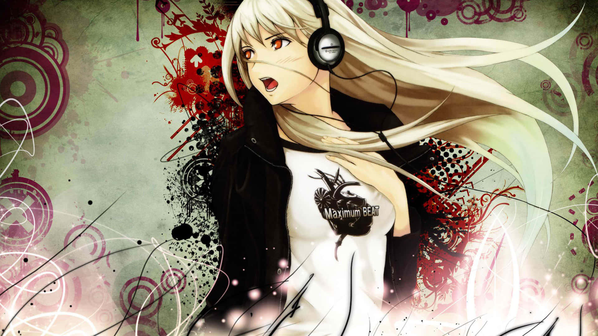 Anime girl, long white hair, red eyes, Full HD Desktop Wallpaper