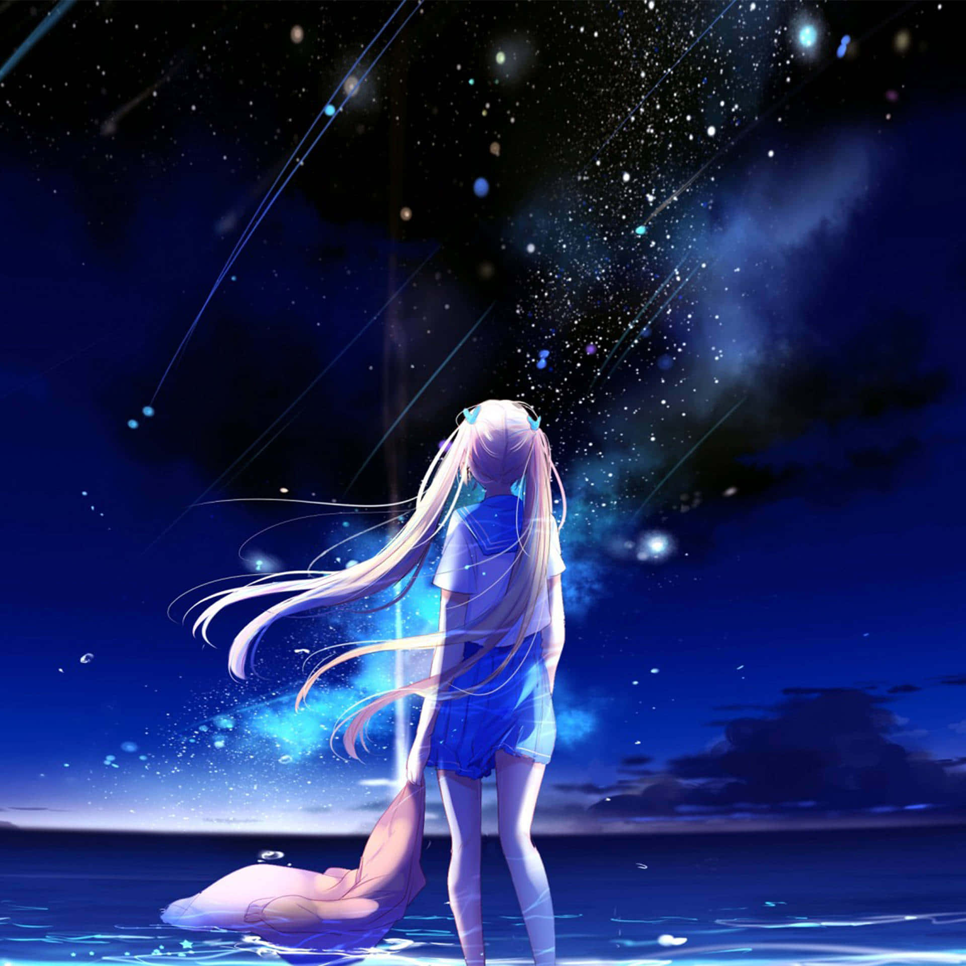 anime girl, flowing hair, water's edge, Full HD Desktop Wallpaper