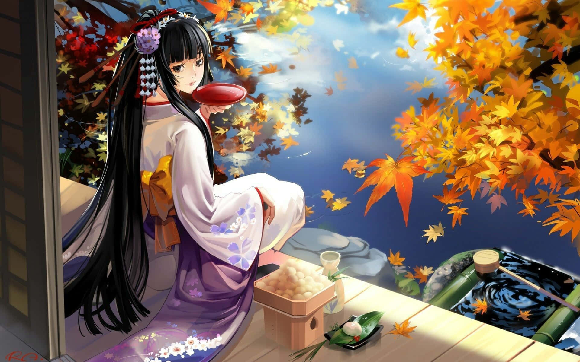 anime girl, purple kimono, wooden veranda, Full HD Desktop Wallpaper