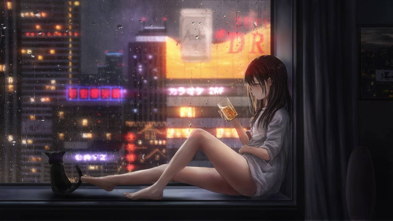 young woman, rainy city, window ledge, HD Desktop Wallpaper