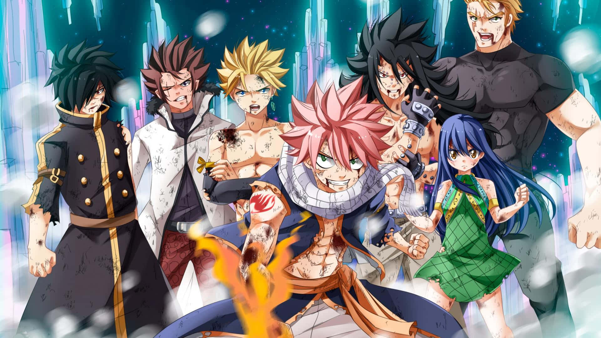 Anime All Characters HD, seven warriors, glowing ice crystals, Full HD Desktop Wallpaper