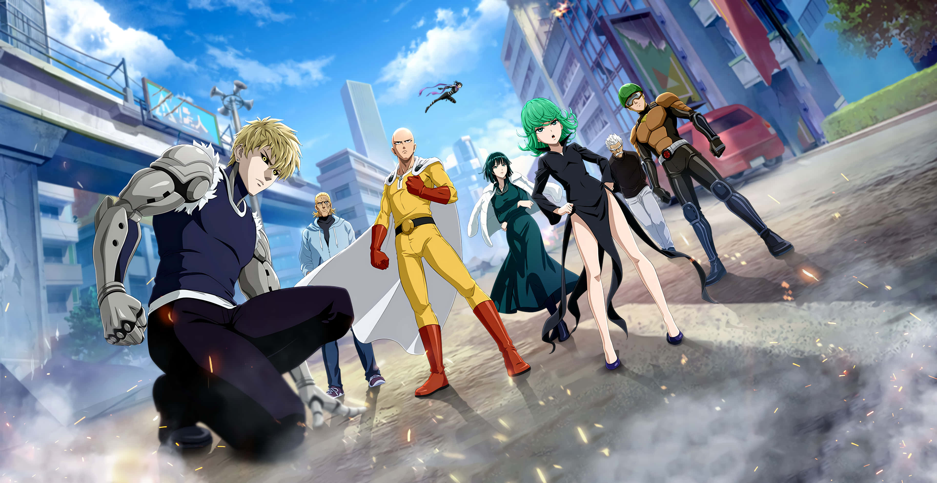 anime, superheroes, city street, 4K Desktop Wallpaper