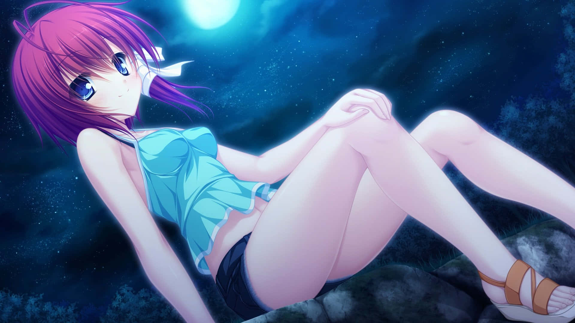 purple-haired anime girl, blue top, glowing moon, Full HD Desktop Wallpaper