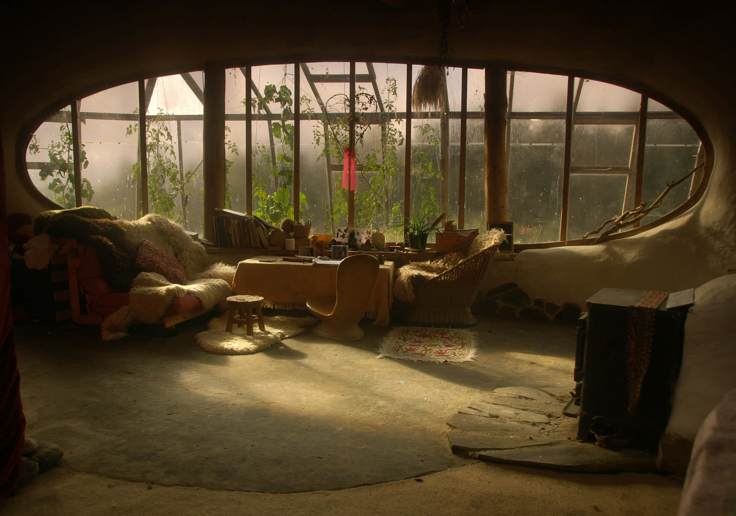 cozy anime, earth-toned living space, curved glass wall, 2K Desktop Wallpaper