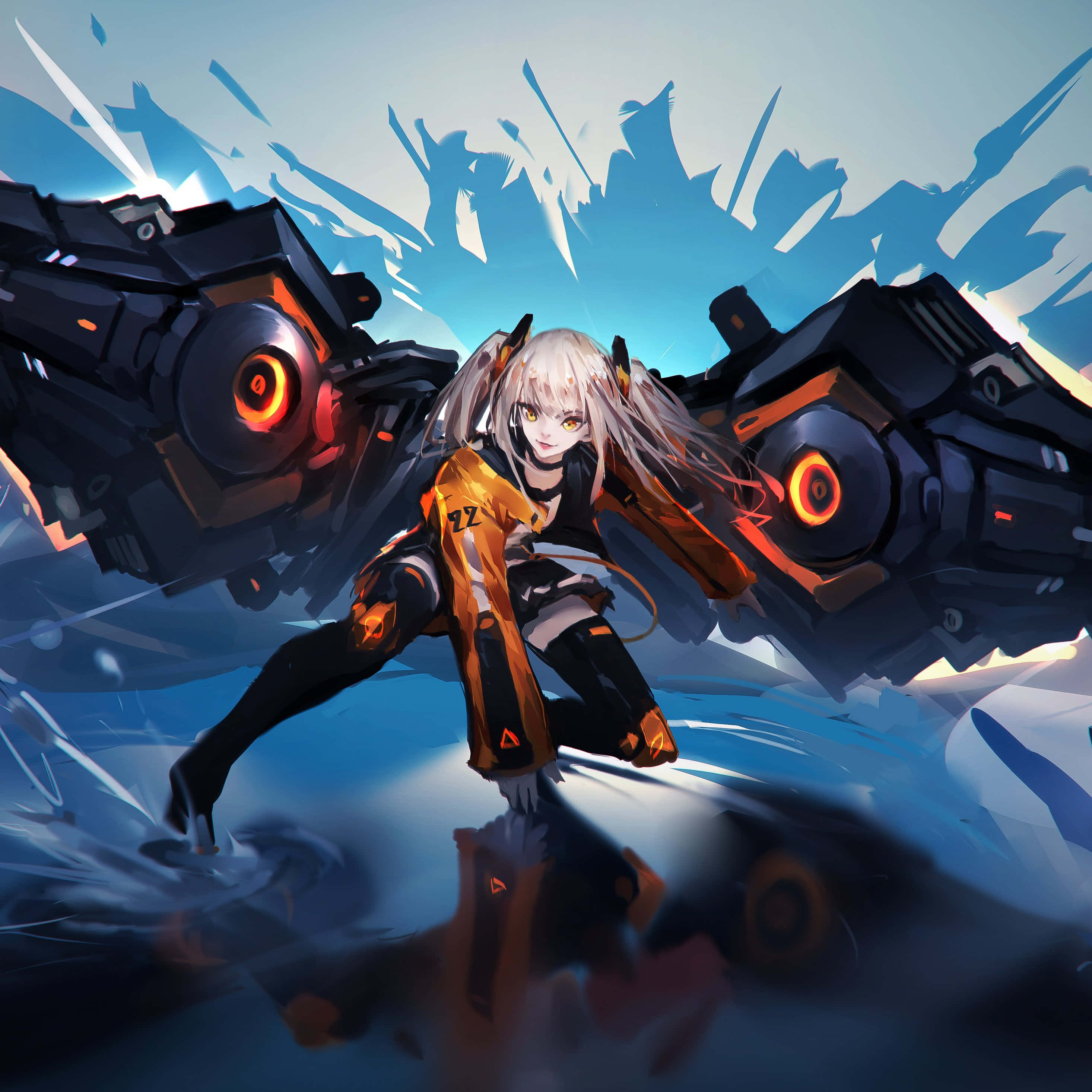 4K iPad, silver-haired anime girl, orange and black gear, 2K Desktop Wallpaper