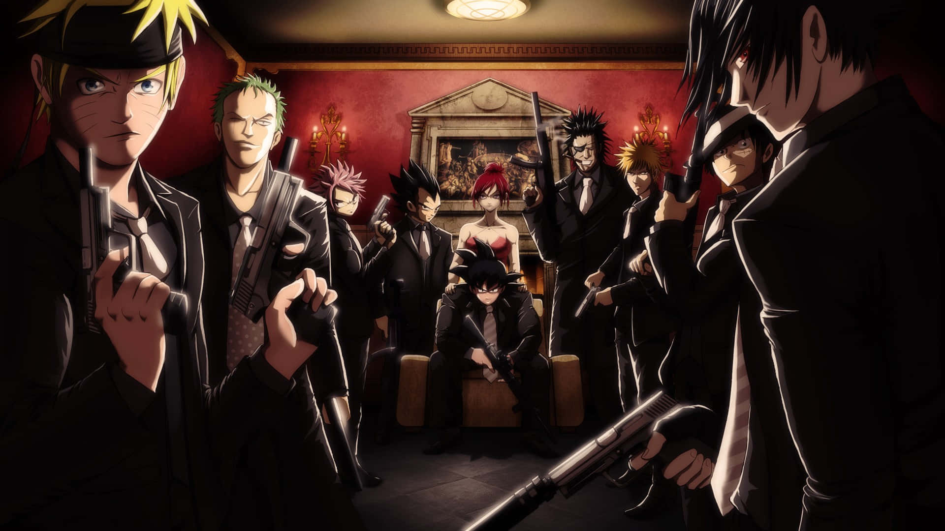 anime, characters, black suits, Full HD Desktop Wallpaper