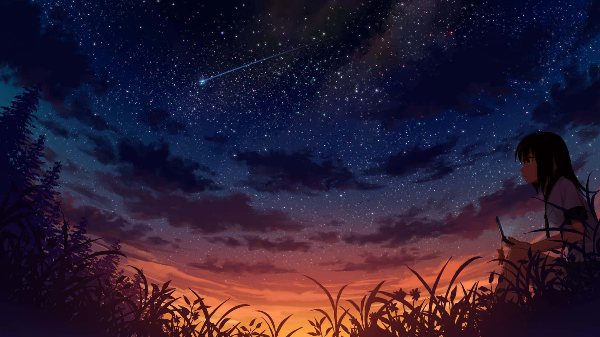 anime girl, twilight sky, stars, Full HD Desktop Wallpaper