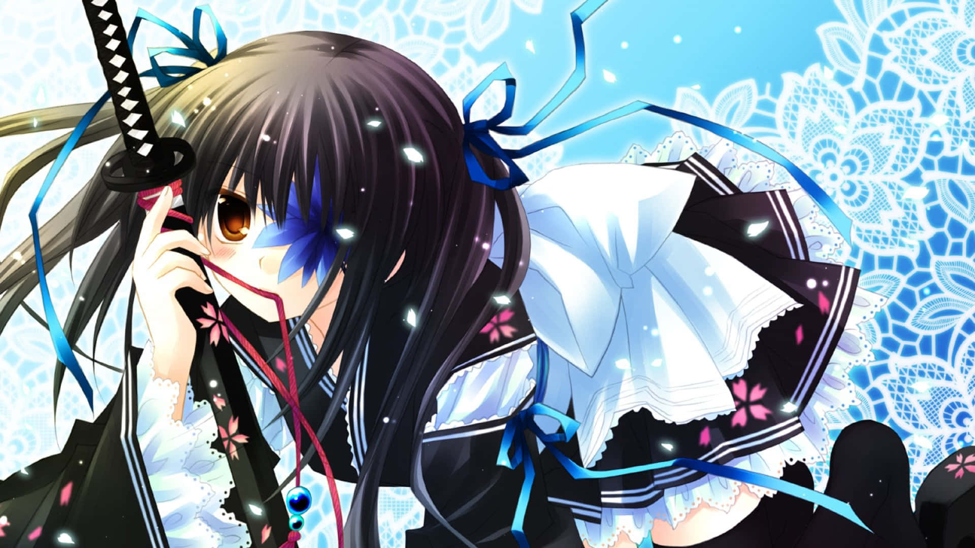 anime girl, dark hair, blue ribbon, Full HD Desktop Wallpaper