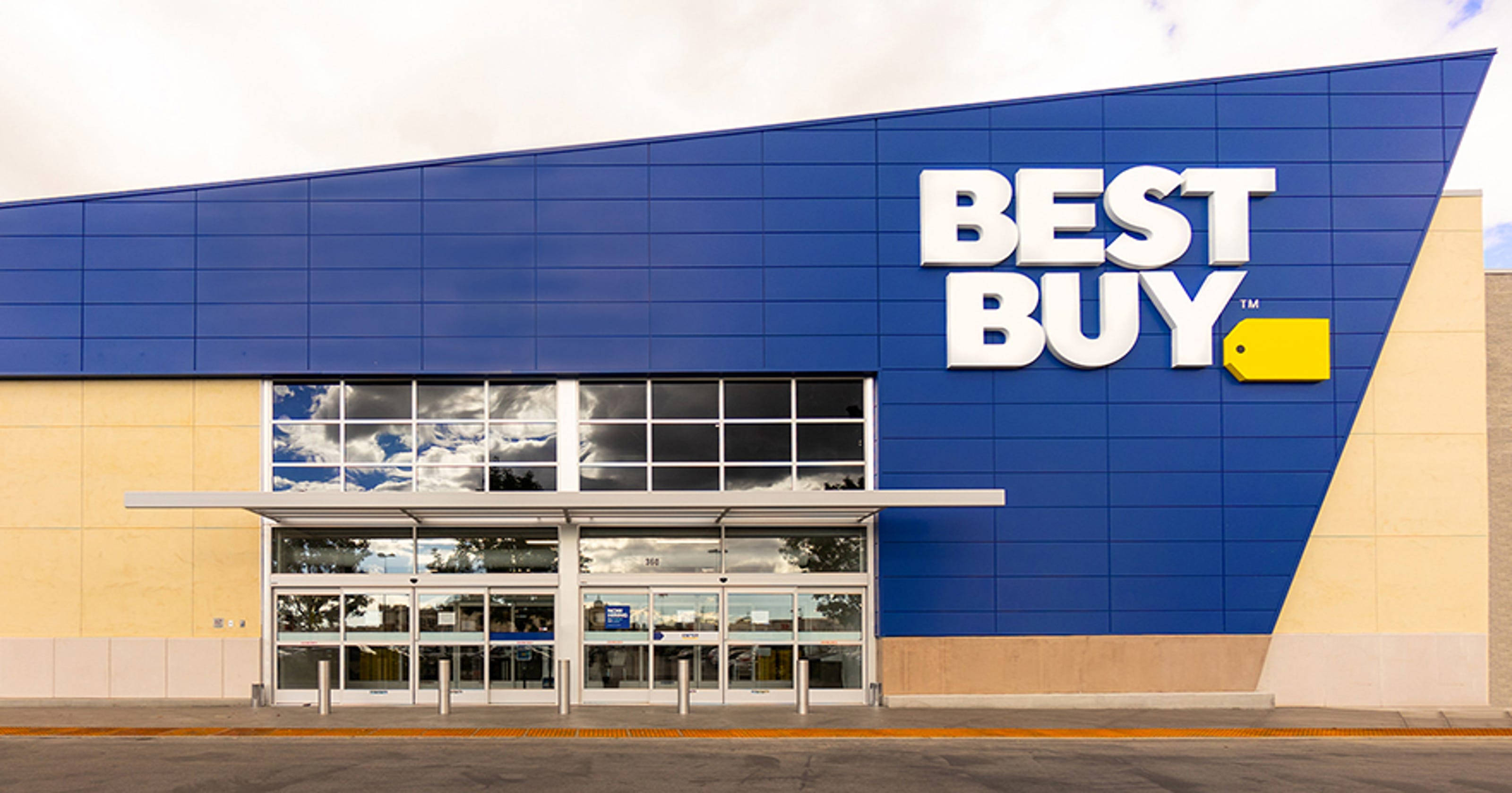 Best Buy, blue walls, glass doors, 2K Desktop Wallpaper